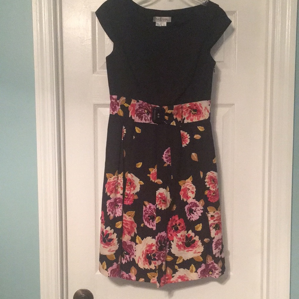 Black, cap sleeved dress with floral print